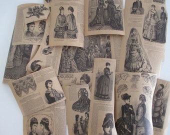 Harper's Bazaar Victorian Women Fashion Prints Scrap Paper Black Graphics on Dark Beige