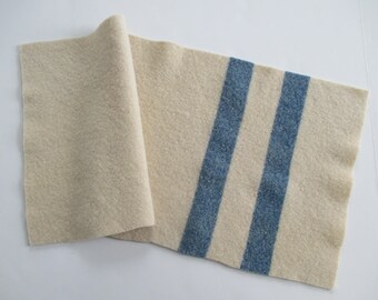 Wool Blanket Remnant Ivory w/ Cornflower Blue Stripes 12" x 25"