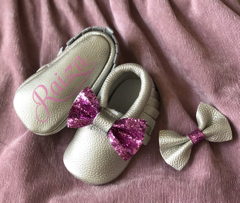 Unique Baby Gift Monogrammed Mom Gift New Mom Gift Baby Girl Gift Monogrammed Moccasins Glitter Bow /& Matching Bow Clip- Baby Girl Gift