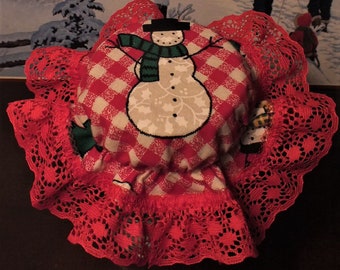 Gingham Snowman Mason Jar Bonnets - Christmas Party Favors - Jam Jar Lid Covers
