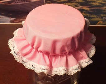 Pink Mason Jar Bonnets with Lace ... Elastic Jam Jar Lid Covers