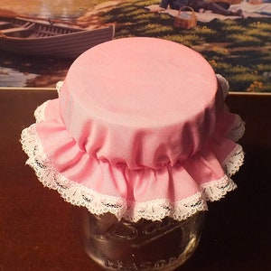 Pink Mason Jar Bonnets with Lace ... Elastic Jam Jar Lid Covers