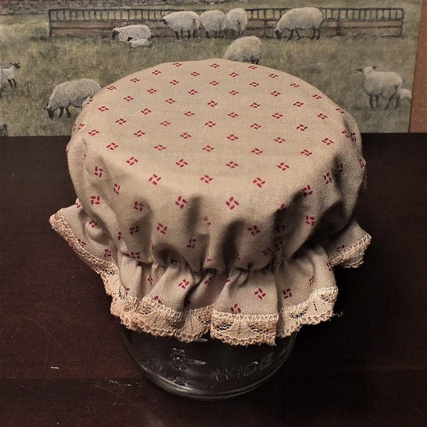 WIDE MOUTH Jar Lid Covers ... Tan and Red Country Fabric Mason Jar Bonnets ... Sourdough Starter Jam Jar Lid Covers ... Fits 3 3/8"