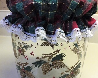 Vintage Christmas Pine Cone Clear Glass Cookie Jar or Sourdough Jar with Extra Large Handmade Red and Green Plaid Elastic Jar Bonnet