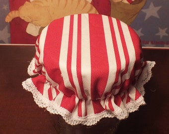 WIDE MOUTH Red and White Stripe Mason Canning Jar Bonnets - Farmhouse Style Jam Jar Covers ... Fits 3 3/8" diameter
