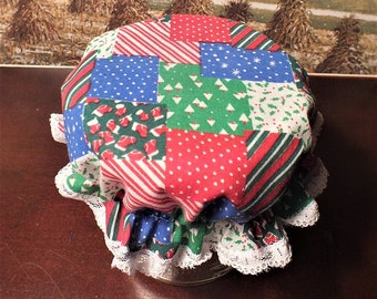 WIDE MOUTH Printed Christmas Patchwork Mason Jar Bonnets ... Elastic Jam Jar Lid Covers ... Fermentation Lid ... Fits 3 3/8" diameter