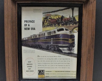 Framed 1940s WW II Era Magazine Advertisement using Baltimore and Ohio Diesel Engine ... General Motors Diesel Power ... Oak Framed