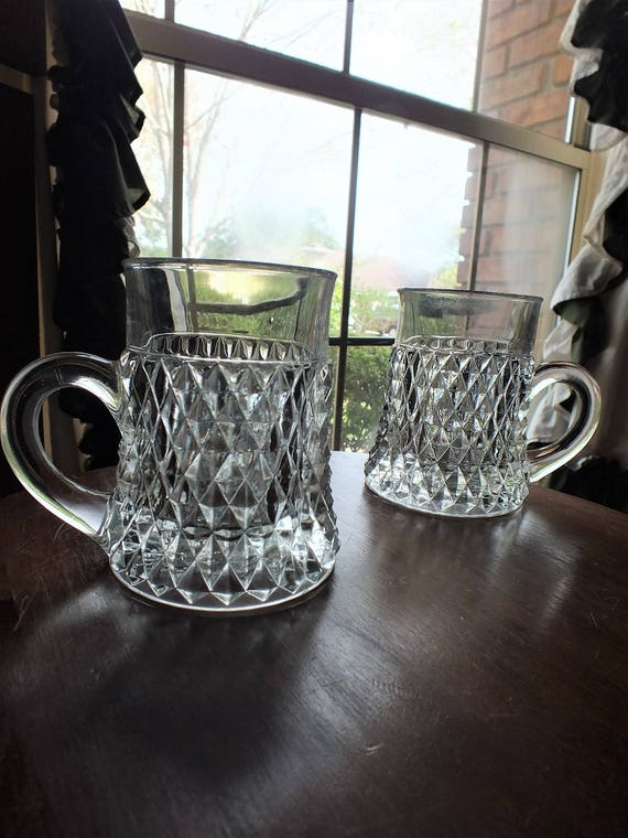 2 Vintage Heavy Diamond Cut Glass Mugs Set Of