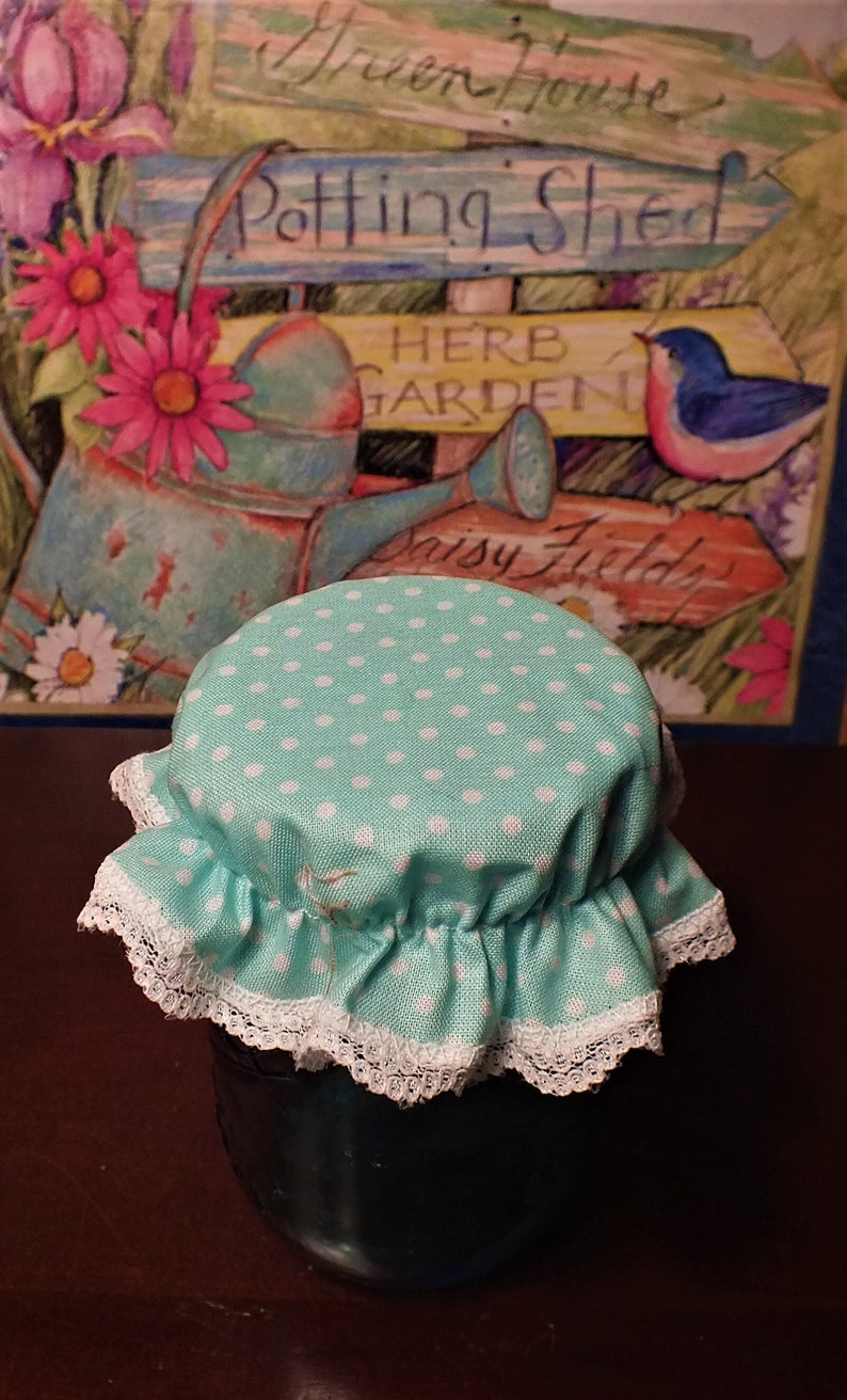 Turquoise Green Polka Dot Mason Canning Jar Bonnets ... Farmhouse Style Elastic Jam Jar Lid Covers image 1