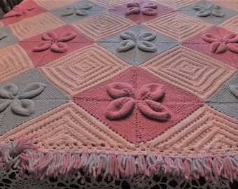 Vintage Hand-Knitted Raised Leaf Afghan