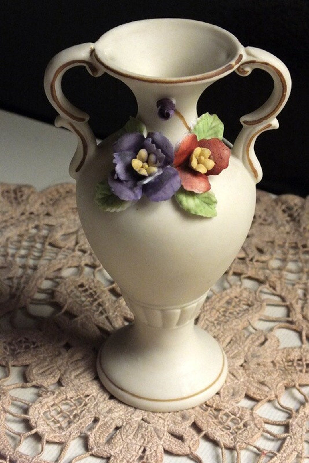 Vintage Bud Vase Satin Porcelain With Hand Painted Appliqued Flowers ...