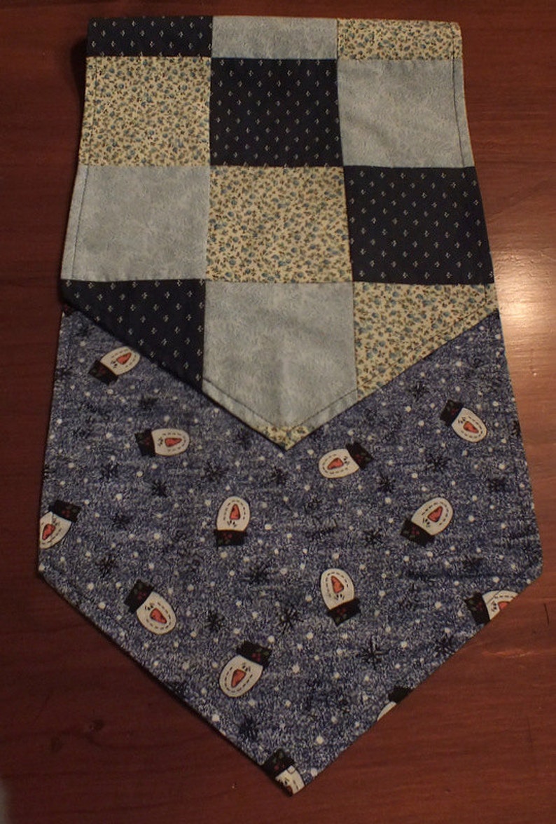 Blue PatchworkSnowman Reversible Table Runner