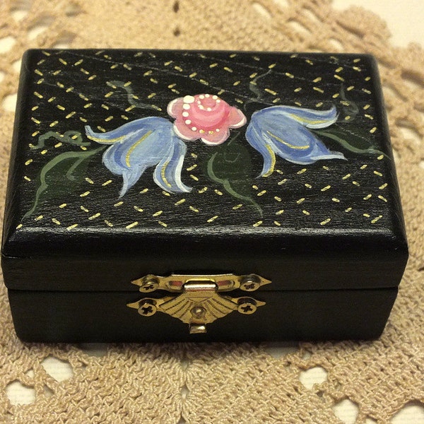 Hand Painted Floral Trinket Box - Wood Trinket Box - Jewelry Box - Desk Accessory - Folk Art Trinket Box -