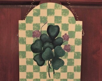 Checkered Shamrock Door Hanger - St. Patrick's Day Sign - Hand Painted Sign - Wood Door Hanger