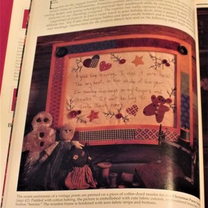May include: A vintage Christmas poem is embroidered on a piece of coffee-dyed muslin. The poem reads "A good time is coming. I wish it were here! The very best, in the whole of the year. I'm counting the days on my fingers and thumbs. It won't be long 'til Santa Claus comes."