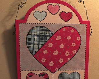 Quilt Patchwork Hearts Door Hanger - Valentine's Sign - Hand Painted Sign - Wood Door Hanger