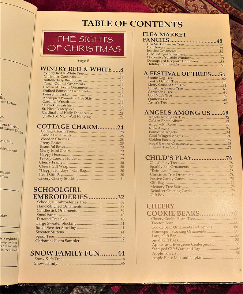 May include: A table of contents for a book about Christmas crafts. The book features a variety of crafts, including ornaments, trees, angels, and cookie bears. The table of contents is organized by category, with each category listed in bold text. The book is titled "The Sights of Christmas".