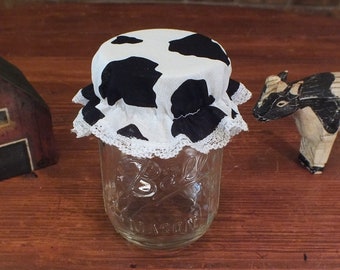 Holstein Cow Themed Elastic Jam Jar Lid Covers ... Mason Jar Bonnets - Canning Jar Bonnets - Jam Jar Toppers