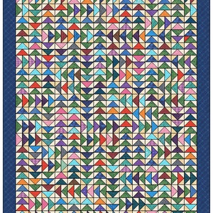 May include: A colorful quilt with a geometric pattern of triangles in various colors including red, blue, green, and purple. The quilt measures 64.00 by 80.00 inches and has a dark blue border.