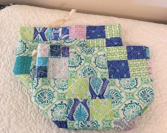 Cotton Draw String Project Bag - Sock Sack; patchwork bag