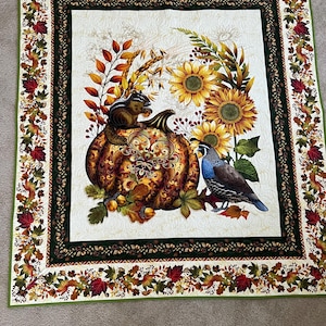 Può includere: Una coperta trapuntata a tema autunnale. Il centro presenta una zucca, girasoli, uno scoiattolo e un uccello. Il bordo ha una cornice interna verde e un motivo a foglie. La tavolozza dei colori comprende sfumature di arancione, giallo, verde e marrone.