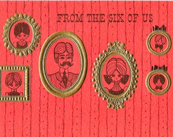 Vintage 1960's Unused Christmas Card, Hallmark Holiday card, Red, oro de mediados de siglo Feliz Navidad y Feliz Año Nuevo, de los seis de nosotros