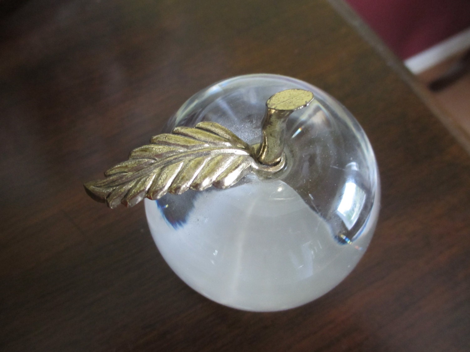 Crystal Apple With Brass Stem and Leaf, Paperweight, Glass Apple, Brass
