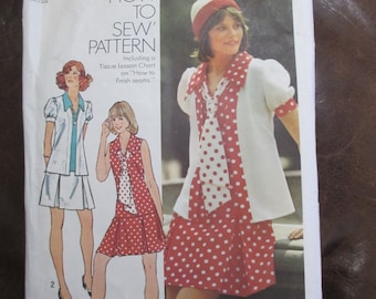 Patrón de simplicidad 6085 Patrón de vestido, chaleco, chaqueta, falda, bufanda, corbata, Cómo coser patrón, tamaño 12 Miss, adolescentes 1970 estilo, mod, vintage