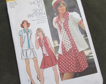 Simplicity pattern 6085 Dress pattern, vest, jacket,skirt, scarf, tie, How to Sew pattern, size 12 Miss, teens 1970's flair, mod, vintage