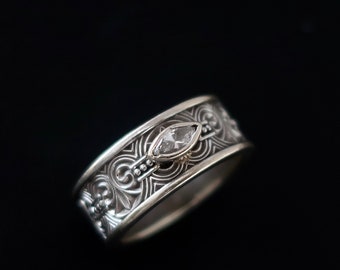 Vintage ornate thick white gold and diamond band. Celtic diamond band. Steam punk diamond and gold band. Custom white gold band.