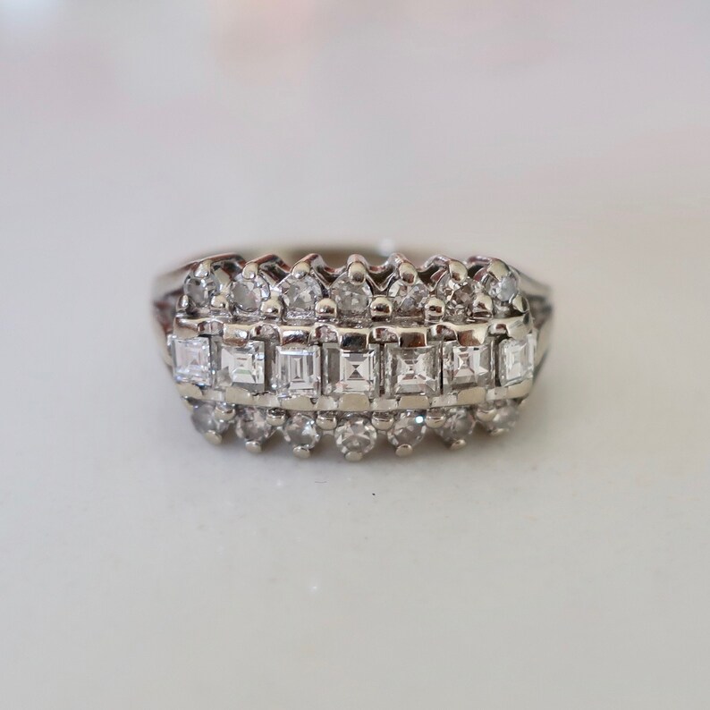 Vintage carre diamond band. Vintage 1950's band. Vintage diamond cocktail ring. Diamond cluster ring. Vintage diamond engagement ring. image 1