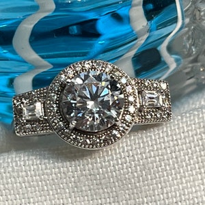 Halo Engagement Ring - Round Brilliant Engagement Ring - Silver Promise Ring - Silver Micro Pave Ring
