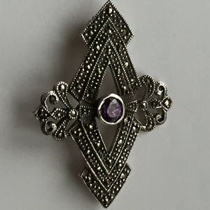 Vintage Marcasite Brooch Art Deco Sterling Silver Marcasite Amethyst Brooch Pin image 4