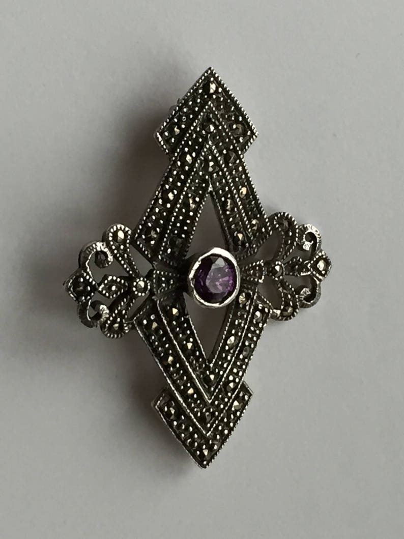 Vintage Marcasite Brooch Art Deco Sterling Silver Marcasite Amethyst Brooch Pin image 4