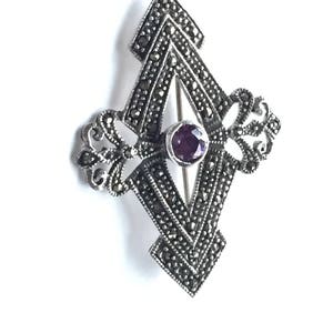 Vintage Marcasite Brooch - Art Deco Sterling Silver - Marcasite Amethyst Brooch Pin