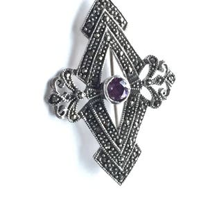 Vintage Marcasite Brooch Art Deco Sterling Silver Marcasite Amethyst Brooch Pin image 1