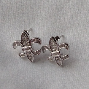 Earrings - Fleur - de - Lis, Sterling Silver, cubic zirconia pave