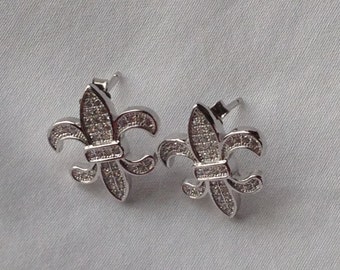 Earrings - Fleur - de - Lis, Sterling Silver, cubic zirconia pave