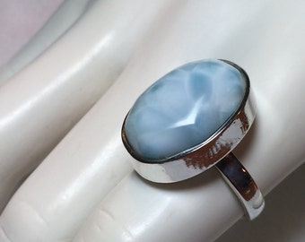 Larimar - Oval Shape Stone - Silver Larimar Ring - Turquoise Ring - Sterling Silver Ring - Cocktail Ring - Hand Made