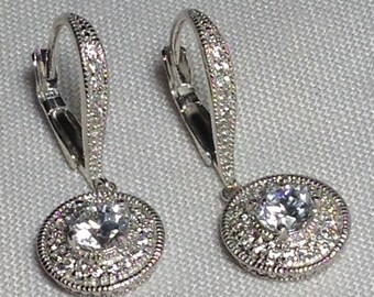 Brilliant Cubic Zirconia Leverback Closure - Sterling Silver Earrings - Wedding Jewelry - Bridal Wedding Earrings