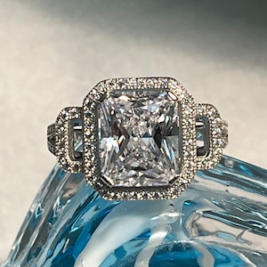 Emerald Cut Engagement Ring - Prong Set Engagement Ring - Cubic Zirconia Promise Ring - Pave Halo - Silver Engagement Ring