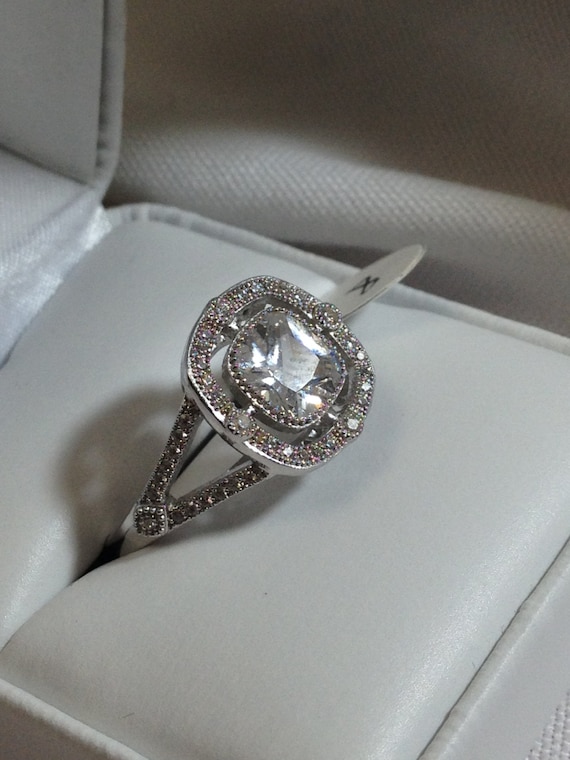 Halo Cushion Cut Engagement Ring Split Shank Sterling Silver