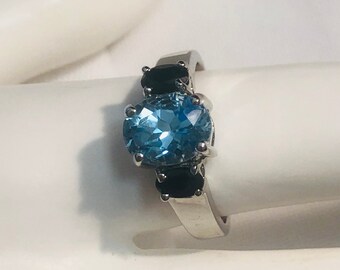 Anillo de compromiso de estilo vintage aguamarina y zafiro azul - Anillo de cóctel vintage - Anillo de piedras preciosas naturales - Anillo de plata esterlina