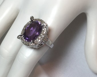 Amathyst Halo Ring - Art Deco Ring - Silver Statement Ring - Silver Cocktail Ring - Micro Pave - Cubic Zirconia -Amethyst Ring
