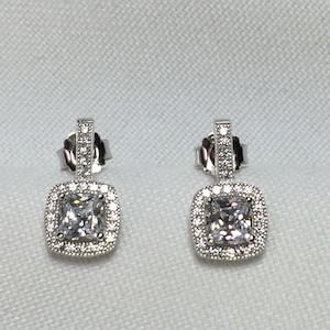 Wedding Earrings, Radiant Cushion Cut Earrings, Cubic Zirconia Earrings, Silver Earrings, Bridal Jewelry, Halo Studs