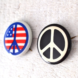 NOS 1960s TWO (2) Anti War Pins Protest Button Black Peace Sign Pin & American Flag Pin Small Pinback Button Hippie Hippy Peace Movement