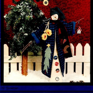 Vtg 16&quot; Primitive Snowman Doll Uncut PATTERN Large Prim Snowman Eliot J Winter Cotton Way Wood Embellished Snowman Decoration Holiday Decor