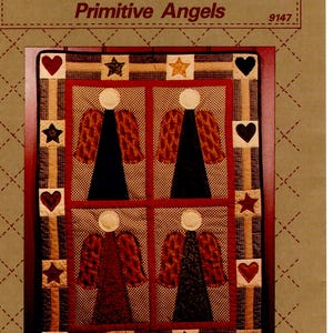May include: A quilt pattern titled "Primitive Angels" by Bears Paw Designs. The design features four angel figures with black bodies and patterned wings, framed by a red border with hearts and stars. The background is a tan color.