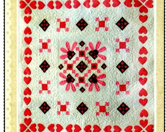 Hearts Machine Applique Quilt Uncut PATTERN Pink Hippo Summer of Love 63 x 63" White and Pink Quilt Valentine's Day Love Pink Hearts Quilt