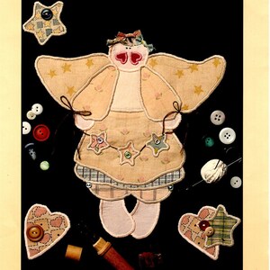 May include: A pattern packet for an appliqué Christmas angel. The angel is depicted in a cream and pink color scheme with a plaid skirt and a garland of stars. The finished size is 11 inches by 10 1/2 inches. The pattern is titled "Christmas Tyme Angel" and the pattern number is #6281.